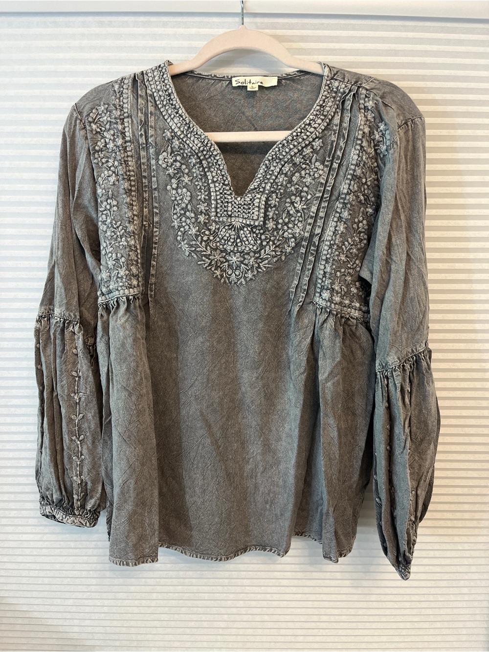 Solitaire Gray Embroidered V-Neck Peasant Tunic